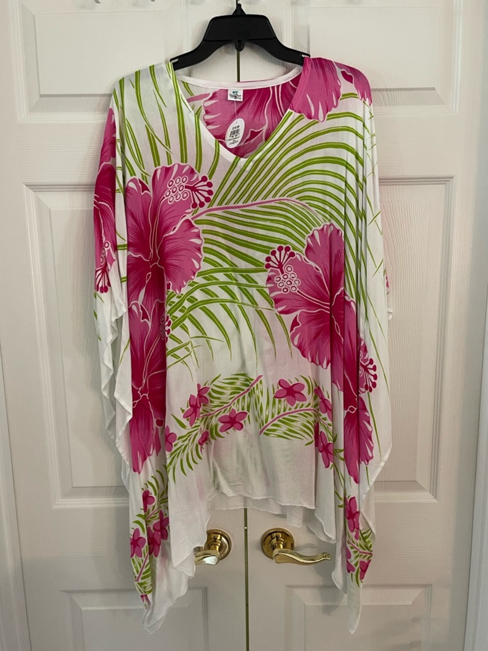 Floral Kaftan Tunic with Pink Hibiscus & Green Palm Print